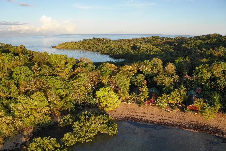 Aerial view of Sakatia Lodge and the beach